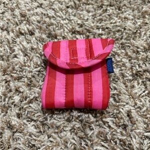 Baggu puffy earbuds case, pink & red painted stripes